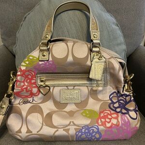 Coach Beige and Gold Satchel with Floral Accents